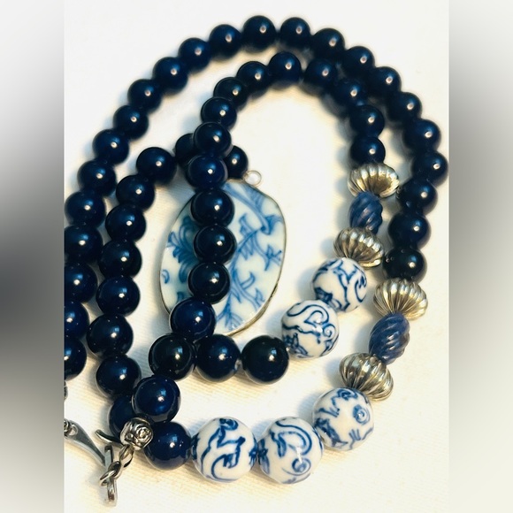 Handmade Chinoiserie Porcelain Pendant Necklace Blue White 26" Artisan - Picture 3 of 6